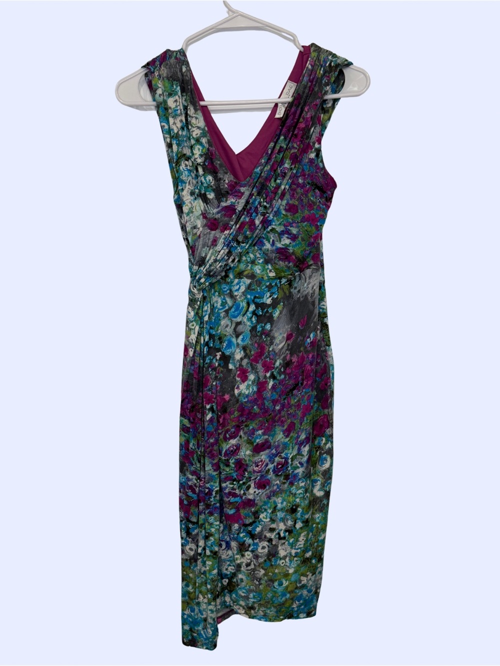 Sleeveless Floral Faux-Wrap Midi Dress in Purple and Teal